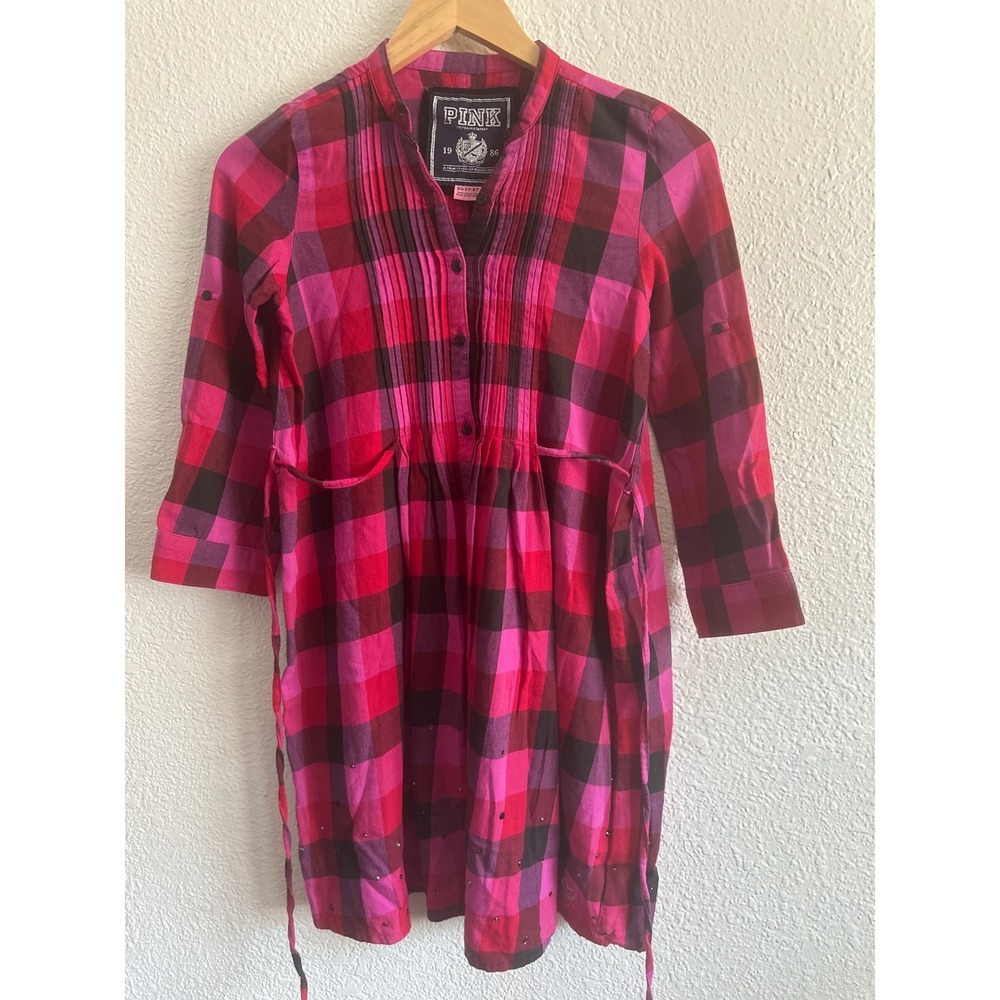 PINK Victoria's Secret Plaid Shirt Dress Rhinestones Sleeves XS